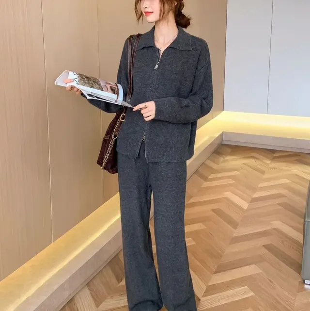 Knitting Suit Women's Double Zipper And Lapel Cardigan Sweater Wide Leg Pants Casual Dark Gray - Shop at LoveMi