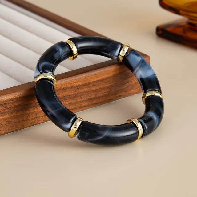 Beaded Blooming Resin Bamboo Elbow Bracelet 03 Black - Shop at LoveMi