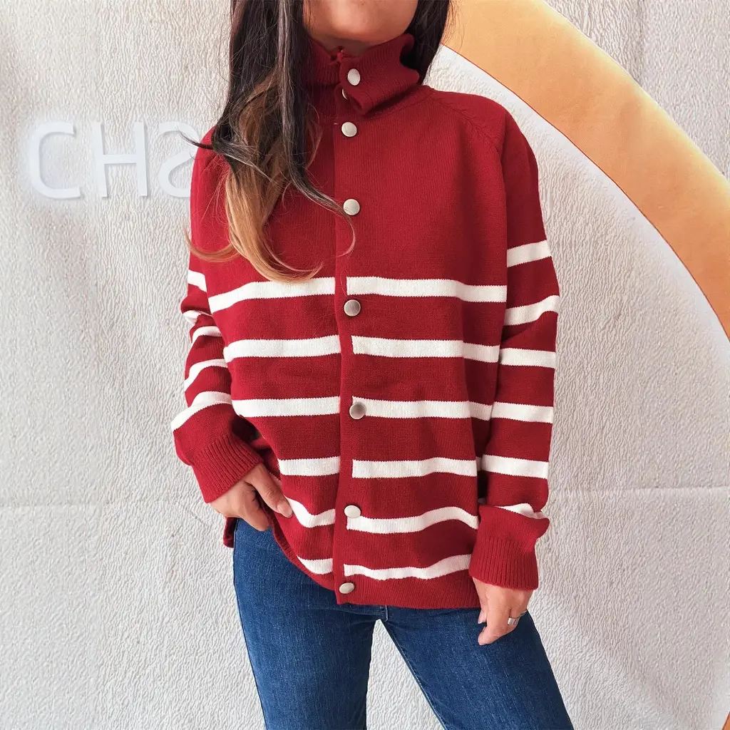 Fashion Loose Button Casual Contrast Color Striped Knitted Sweater - Red