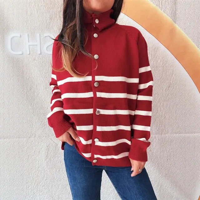 Fashion Loose Button Casual Contrast Color Striped Knitted Sweater Red - Shop at LoveMi