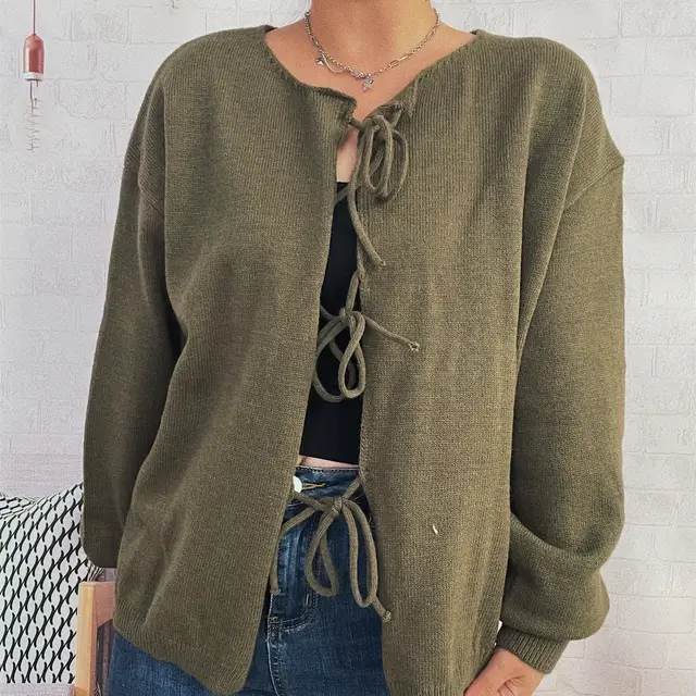 Casual Bow Tie Knitted Cardigan Commuter Solid Color Sweater Coat Green - Shop at LoveMi