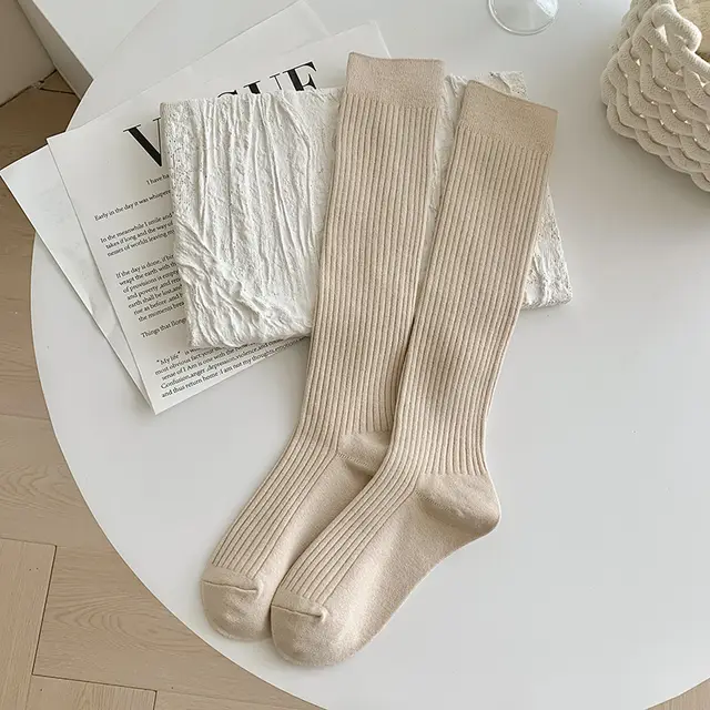 Autumn And Winter Solid Color Rib Fabric Warm Wool Calf Socks Khaki - Shop at LoveMi