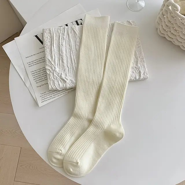 Autumn And Winter Solid Color Rib Fabric Warm Wool Calf Socks White - Shop at LoveMi