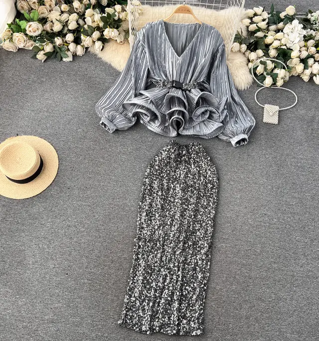 Women's Waist Trimming Ruffles Top Sequined Skirt Gray - Shop at LoveMi