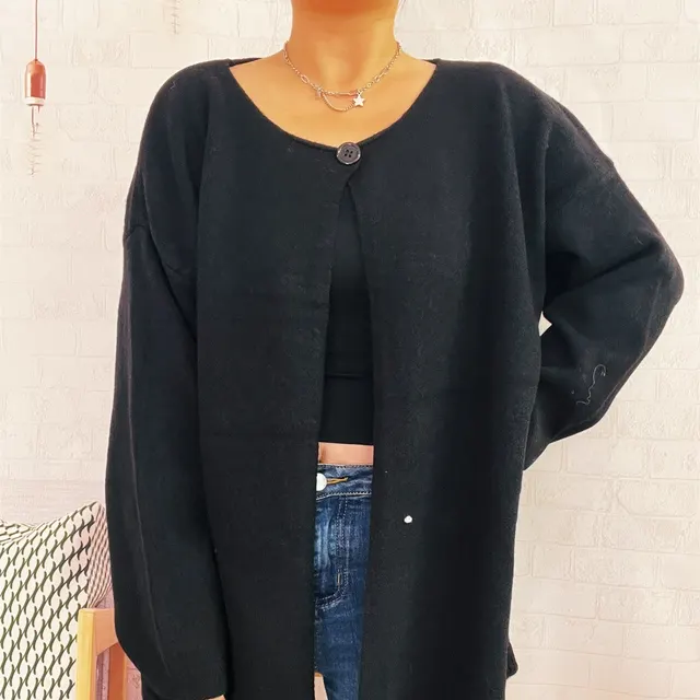 Simple Commute Solid Color One Button Knitted Jacket Casual Loose Black - Shop at LoveMi