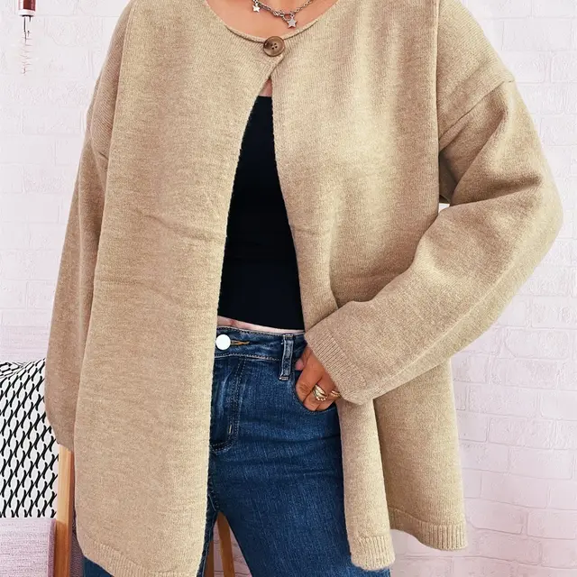 Simple Commute Solid Color One Button Knitted Jacket Casual Loose Khaki - Shop at LoveMi