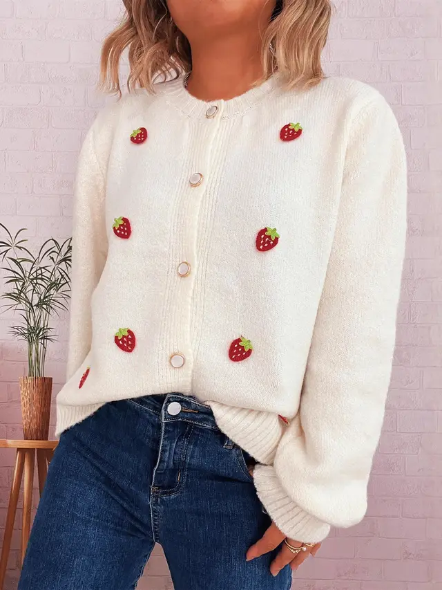 Cute Strawberry Jacquard Knitted Cardigan Round Neck Long Sleeve Sweater White - Shop at LoveMi