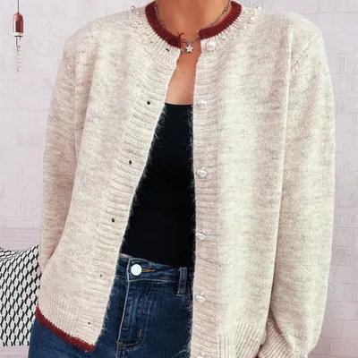 Elegant Pearl Button Color Effect Collar Knitted Coat Solid Color Sweater Apricot - Shop at LoveMi