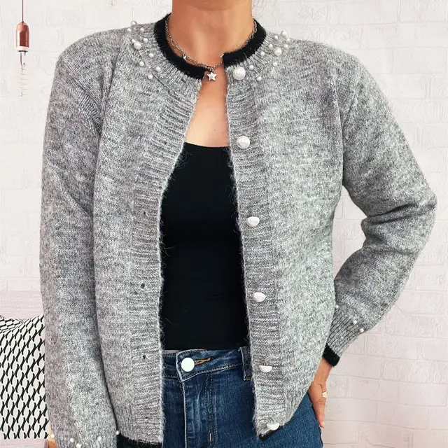Elegant Pearl Button Color Effect Collar Knitted Coat Solid Color Sweater Gray - Shop at LoveMi