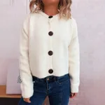 Simple Large Buttons Round Neck Long Sleeve Sweater - White