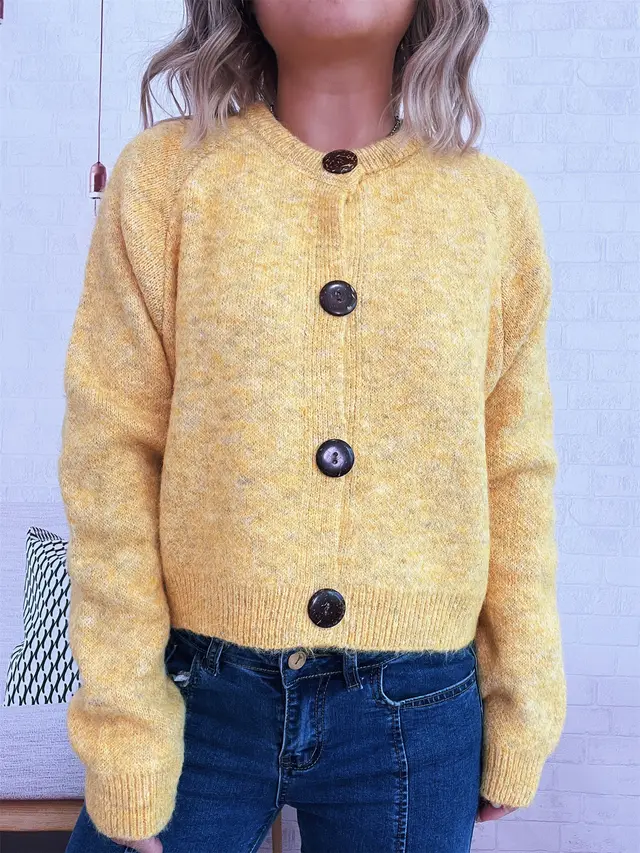 Simple Large Buttons Round Neck Long Sleeve Sweater Yellow - Shop at LoveMi