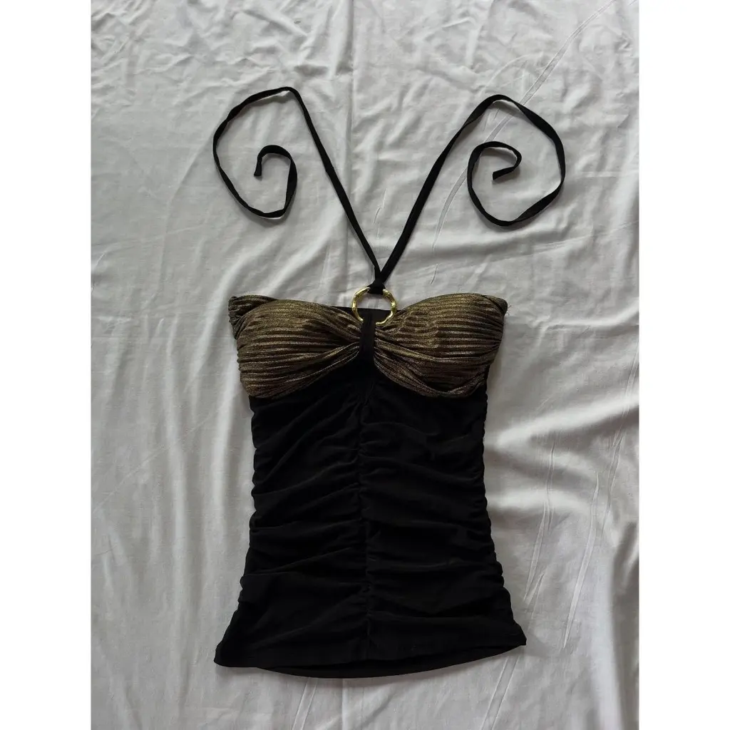 Women's Halter Spaghetti Straps Fashion Tops - Black Gold