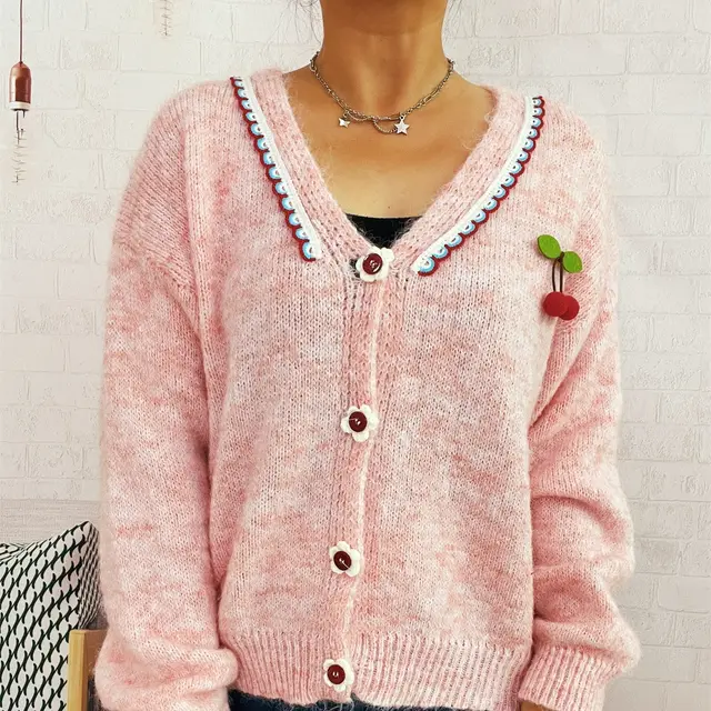 Cute Wave V neck Cherry Decorative Knitwear Flower Button Sweater Cardigan Pink - Shop at LoveMi