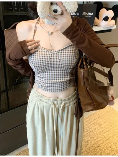 Women's Halter Spaghetti Straps Short Cardigan Top Coffee Color Plaid Sling - Shop at LoveMi