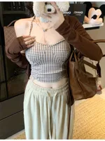 Women's Halter Spaghetti Straps Short Cardigan Top - Coffee Color Plaid Sling - View 1