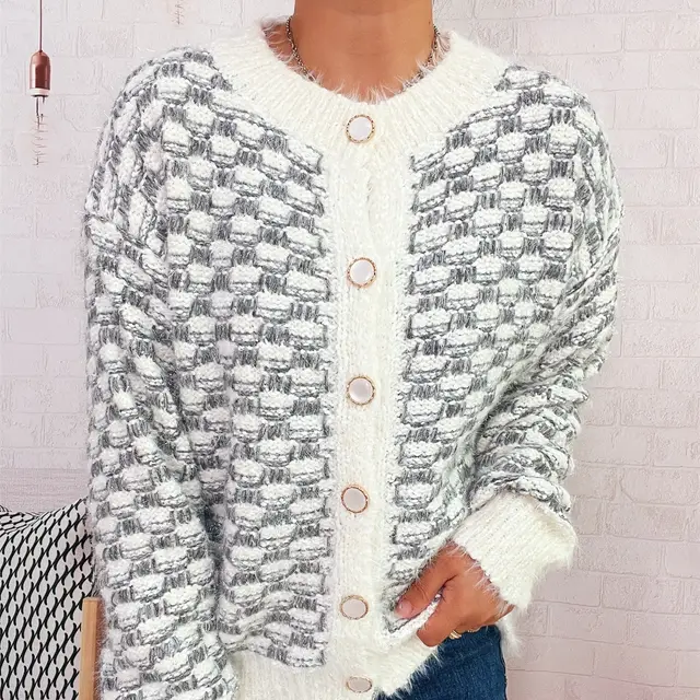 Casual Cool Plaid Contrast Color Round Neck Long Sleeve Knitted Coat Women Black - Shop at LoveMi