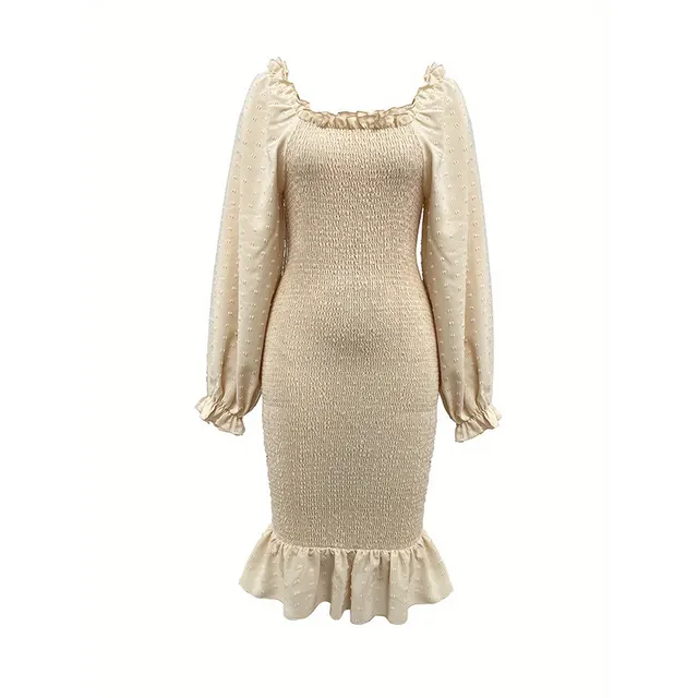 Long Sleeve Square neck Fishtail Midi Dress Apricot - Shop at LoveMi