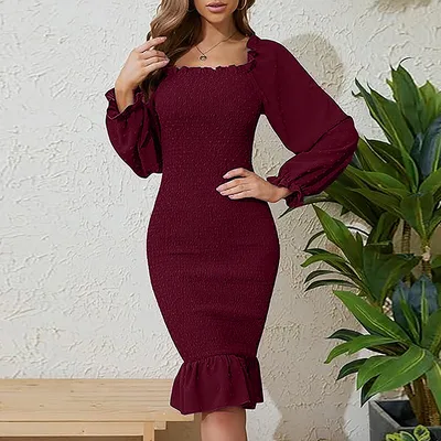 Long Sleeve Square neck Fishtail Midi Dress Wine Red - Shop at LoveMi