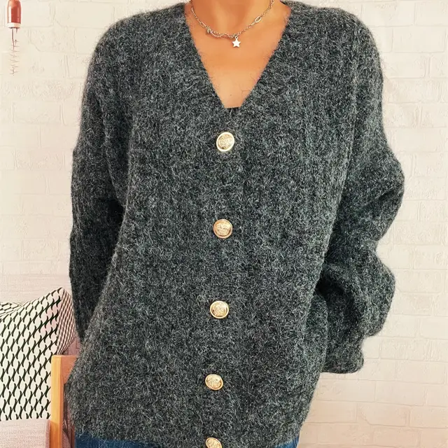 Vintage Gold Button Knitted Cardigan V neck Single Breasted Sweater Coat Dark Gray - Shop at LoveMi