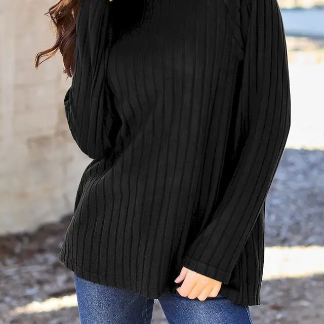 Rib Round neck Long sleeved Knitted Top Soft Black - Shop at LoveMi