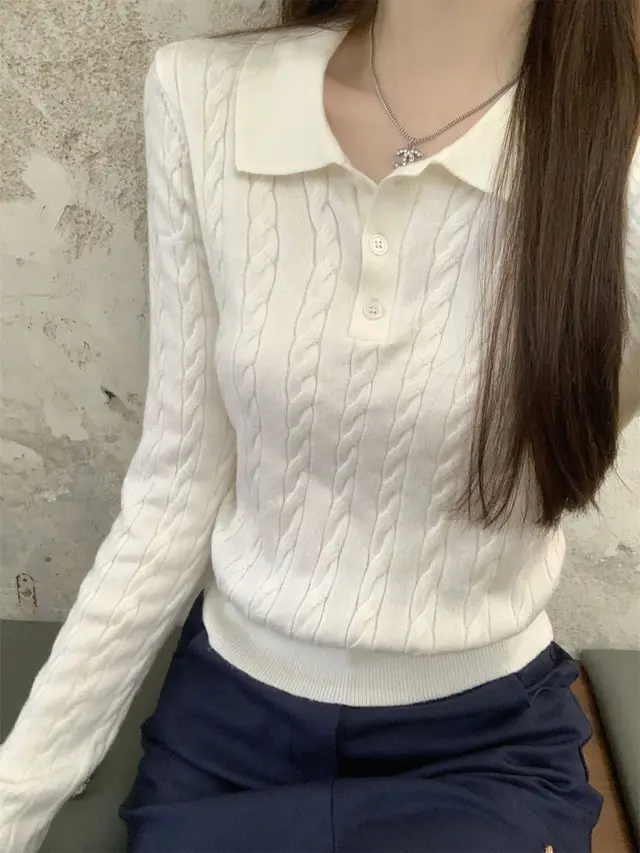 Polo Collar Women's Knitwear Autumn New Korean Style Apricot - Shop at LoveMi