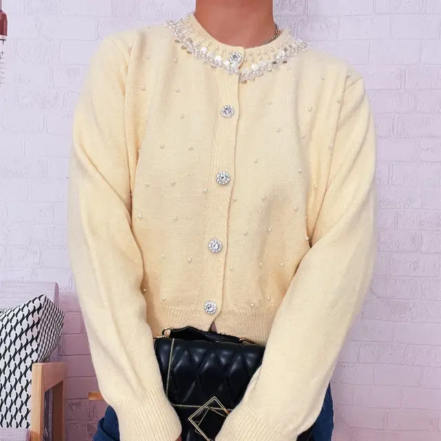 Vintage Pearl Collar Button Elegant Knitted Cardigan Single breasted Sweater Women Yellow - Shop at LoveMi