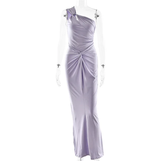 Sexy Bright Silk One shoulder Pleated Slim Dress Purple - Shop at LoveMi