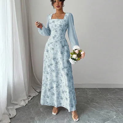 Women's Chiffon Floral Long sleeved Dress Light Blue - Shop at LoveMi
