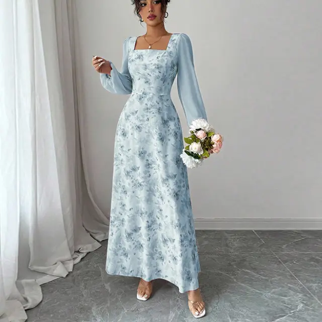 Women's Chiffon Floral Long sleeved Dress Light Blue - Shop at LoveMi