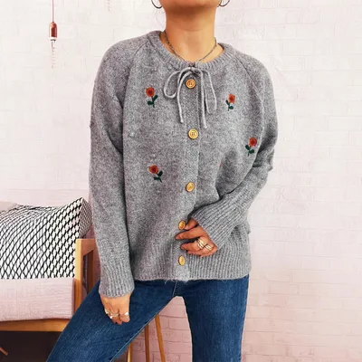 Flower Embroidery Bow Bandage Knitted Cardigan Single breasted Sweater Gray - Shop at LoveMi