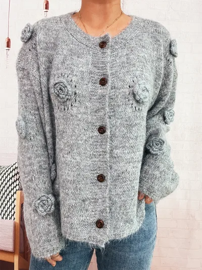Three dimensional Flower Cutout Knitted Coat Round Neck Cute Sweater Gray - Shop at LoveMi