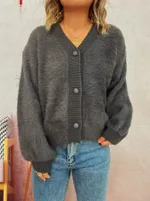 Leisure Commute V-neck Solid Color Coat Sweater - Dark Gray