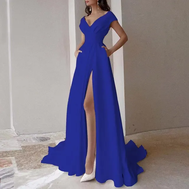 Ladies Mid Waist Solid Color Elegant Dress Blue - Shop at LoveMi