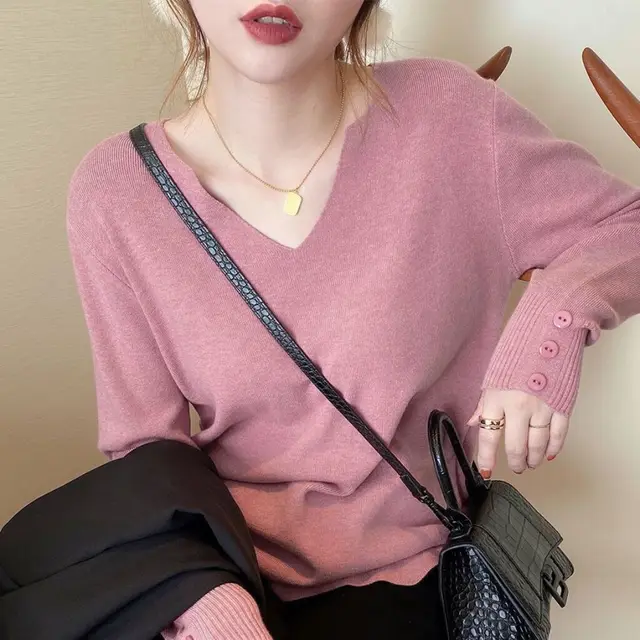 Women's V neck Inner Knitted Sweater Pink - Shop at LoveMi