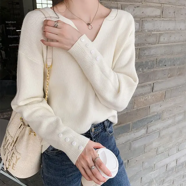 Women's V neck Inner Knitted Sweater White - Shop at LoveMi