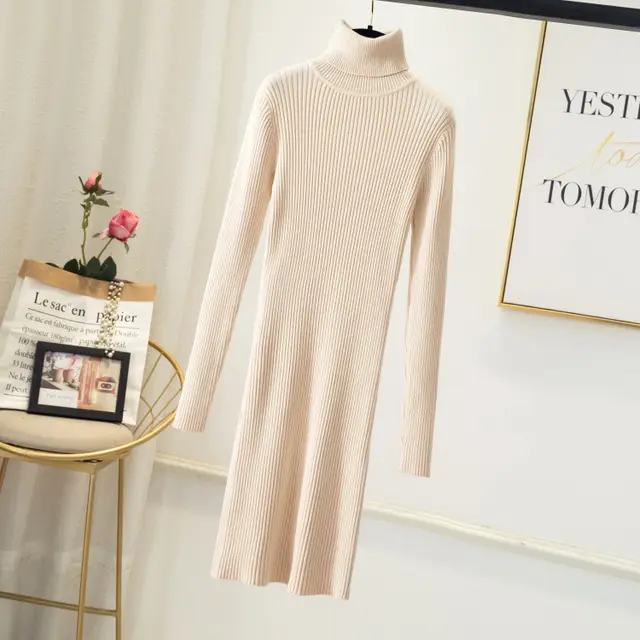High Collar Sweater Dress Women's Mid length Apricot - Shop at LoveMi