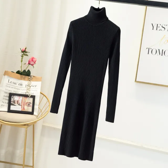 High Collar Sweater Dress Women's Mid-length - Black