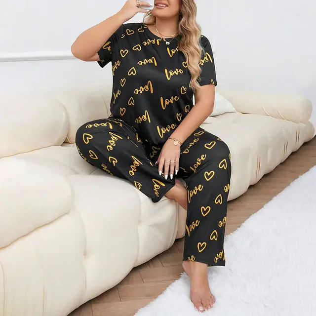 Women's Plus sized Heart Printing Round Neck Short sleeved Trousers Pajamas Suit Black - Shop at LoveMi