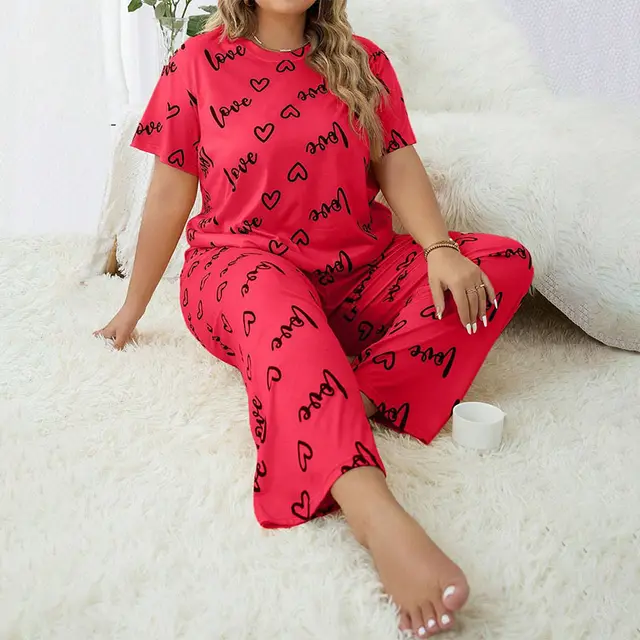 Women's Plus sized Heart Printing Round Neck Short sleeved Trousers Pajamas Suit Red - Shop at LoveMi