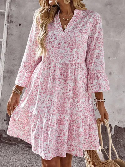 Loose V neck Ruffle Floral Dress For Women Pink - Shop at LoveMi