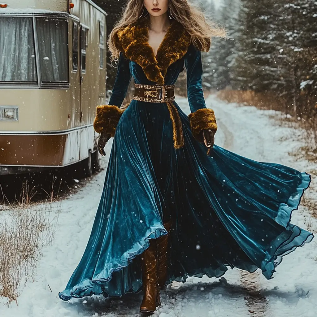 Women's Thickened Pleuche Dress Fur Collar Coat - Blue