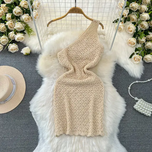 New Fashion Shoulder baring Hollow Knitted Dress For Women Apricot - Shop at LoveMi