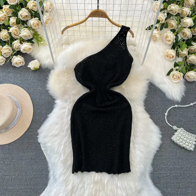 New Fashion Shoulder baring Hollow Knitted Dress For Women Black - Shop at LoveMi