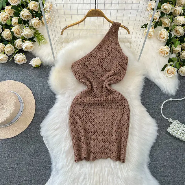 New Fashion Shoulder baring Hollow Knitted Dress For Women Brown - Shop at LoveMi
