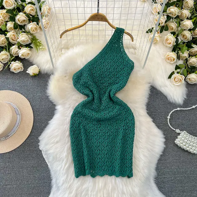 New Fashion Shoulder baring Hollow Knitted Dress For Women Green - Shop at LoveMi