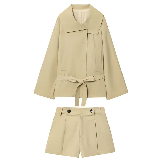 Long Sleeve Jacket With Belt Windbreaker Button Pleated Shorts Fashion Suit Suit - Shop at LoveMi