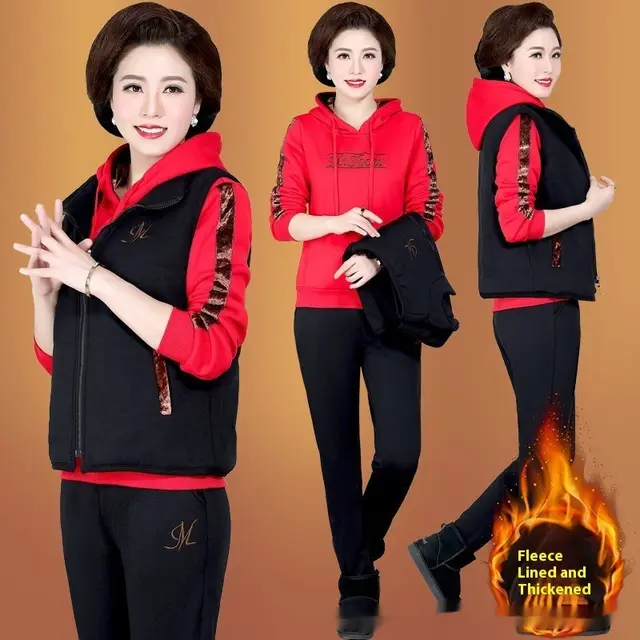 Middle aged Mom Fleece lined Thickened Sportswear Suit For Women Red - Shop at LoveMi