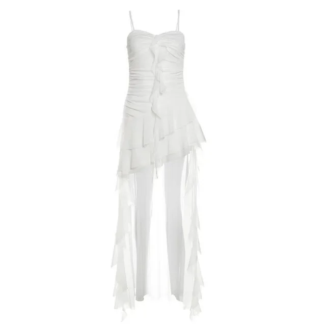 Summer French Super Fairy Pure Desire Ruffled Spaghetti Straps Dress For Women White - Shop at LoveMi