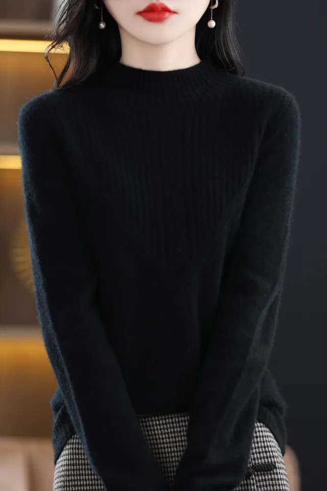Front Line Ready made Garments Woolen Half Turtleneck Hollow out Sweater Bottoming Shirt Top Black - Shop at LoveMi