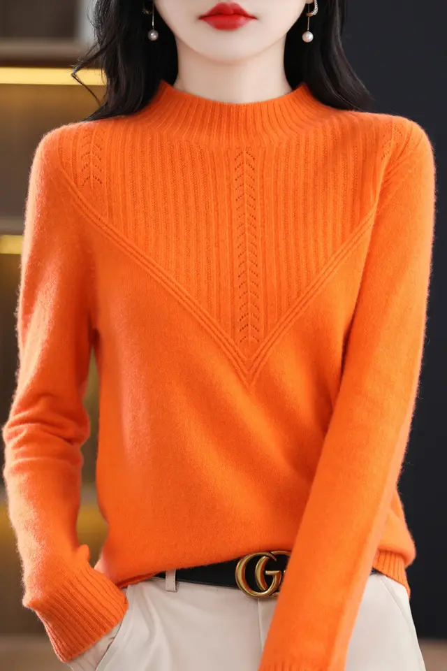 Front Line Ready made Garments Woolen Half Turtleneck Hollow out Sweater Bottoming Shirt Top Orange - Shop at LoveMi